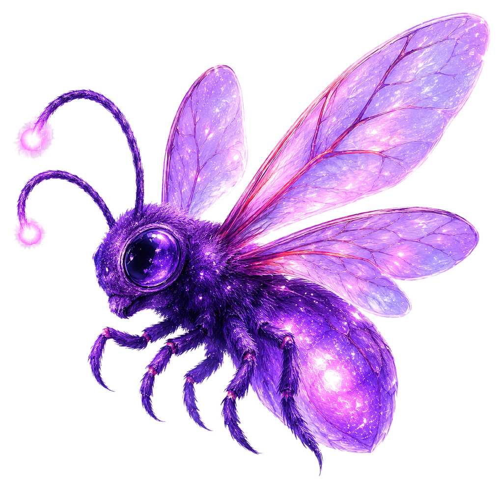 Amethyst Orblight, a small glowing violet-amethyst insect with a dark centre, soft orb abdomen, translucent veined wings, tiny curved legs, and glowing antenna tips.