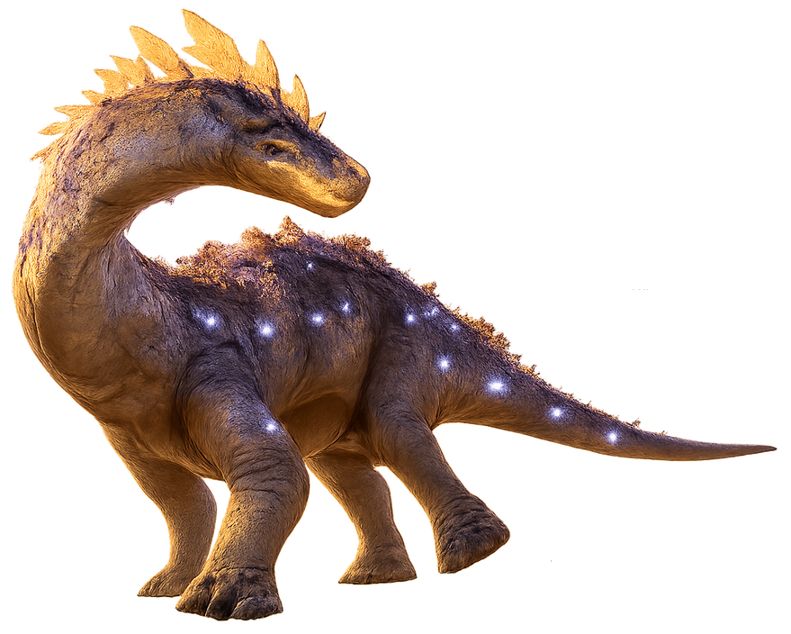 Hearthcrest Caller, a huge gentle dinosaur-type elder herbivore with a glowing warm crest, mouth-light, broad careful feet, a long sideways-turned neck, violet Orblights nearby, and small creatures moving safely around it.