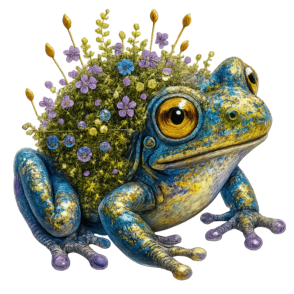 Mosskeep Frog, a colourful blue-green-gold frog with golden eyes and a living moss garden of tiny flowers, seed pods, and dew-orbs growing across its back.