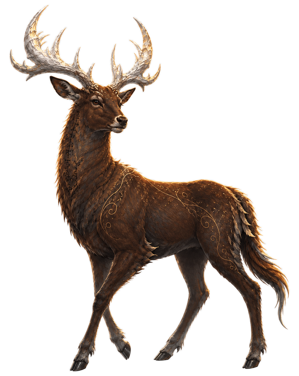 Navan Hart, a rare deerlike memory animal with a deep warm brown body, moon-white antlers, calm dark eyes, small route-marks along its neck, and a quiet old-road presence.