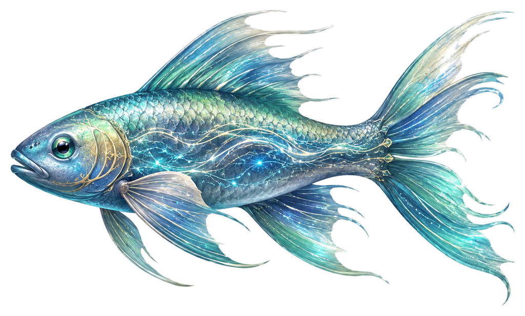 Rimmer Fish, a blue-green-silver fish with pale gold gill marks, long flowing fins, river-glass scales, salt-light shimmer, and route-like markings along its body.