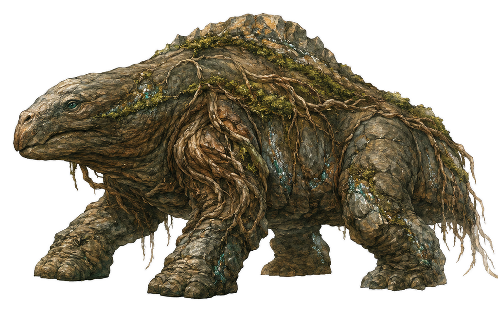 Stoneroot Treader, a huge slow grounded creature with a broad low stone-brown body, root-dark hide, moss in the folds, heavy careful feet like worn stones, root-like tendrils along the shoulders, calm ancient eyes, and subtle silver-green mineral glints.