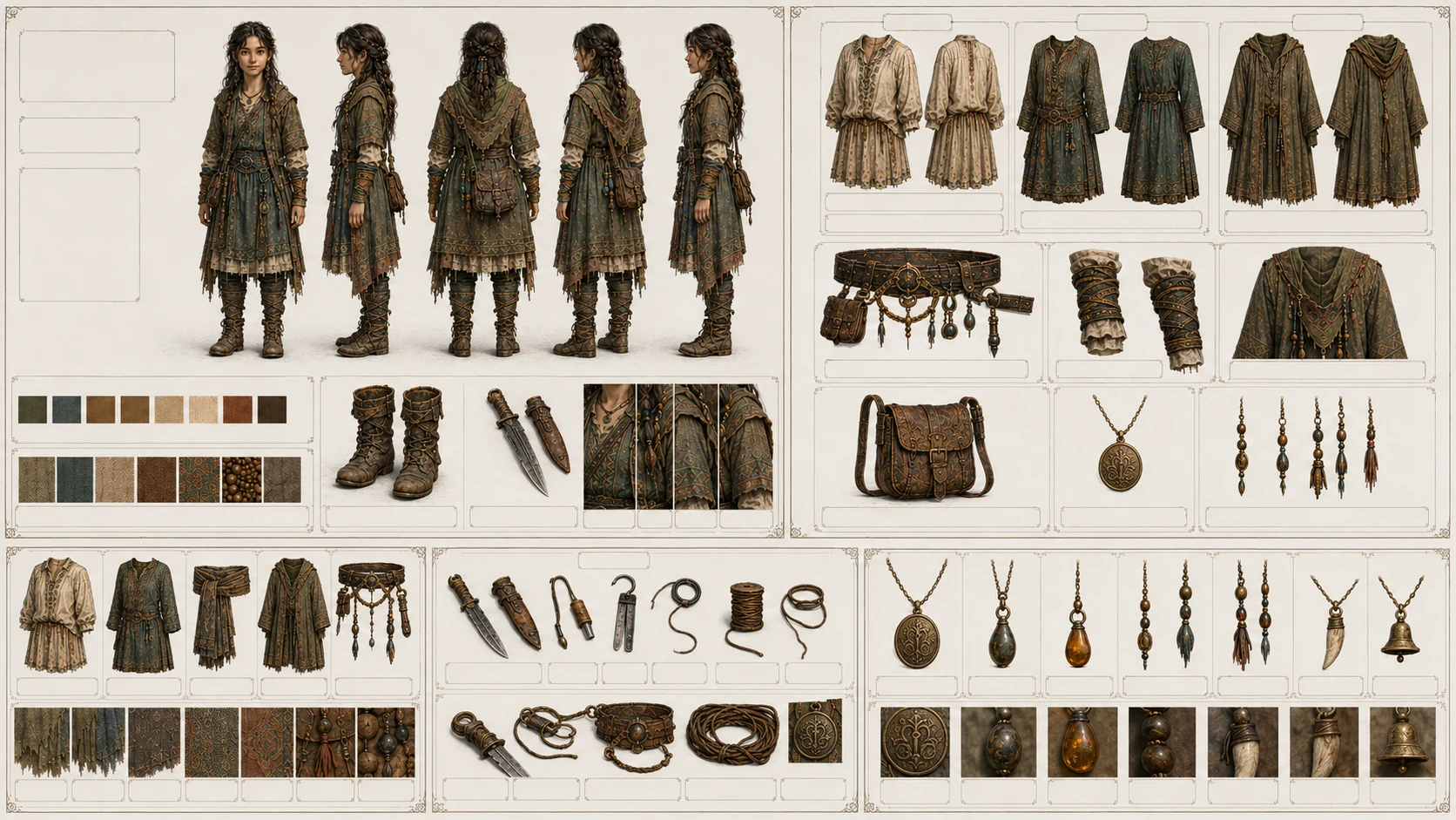 Lina character sheet showing her layered travelling clothes from several angles.