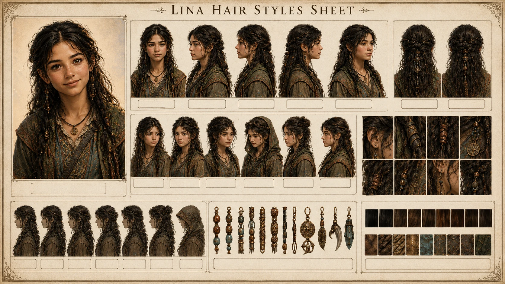 Lina hair styles sheet showing braids, beads, practical travel styles, and close details.