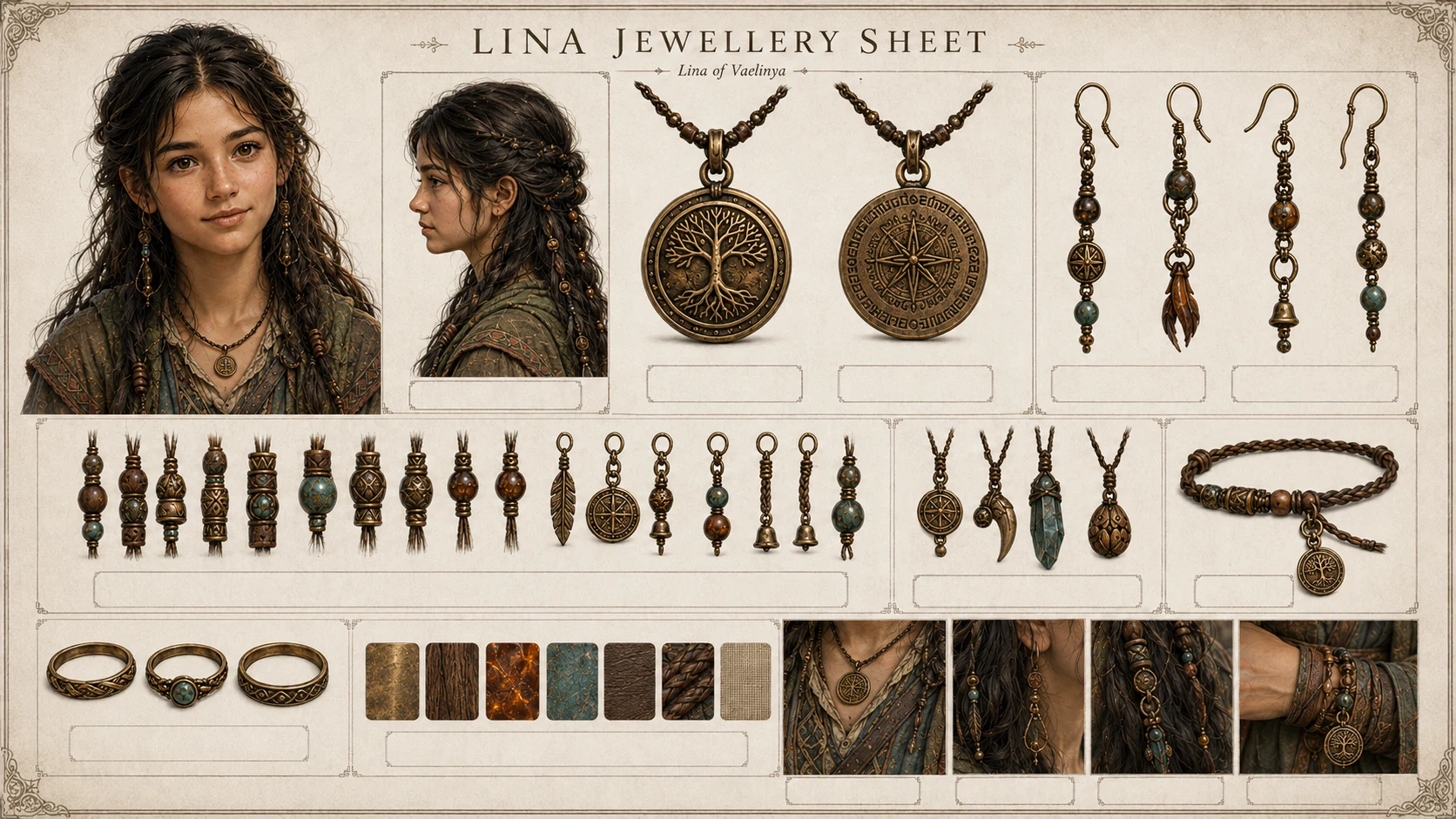 Lina jewellery sheet showing pendants, beads, charms, rings, and worn close-up details.