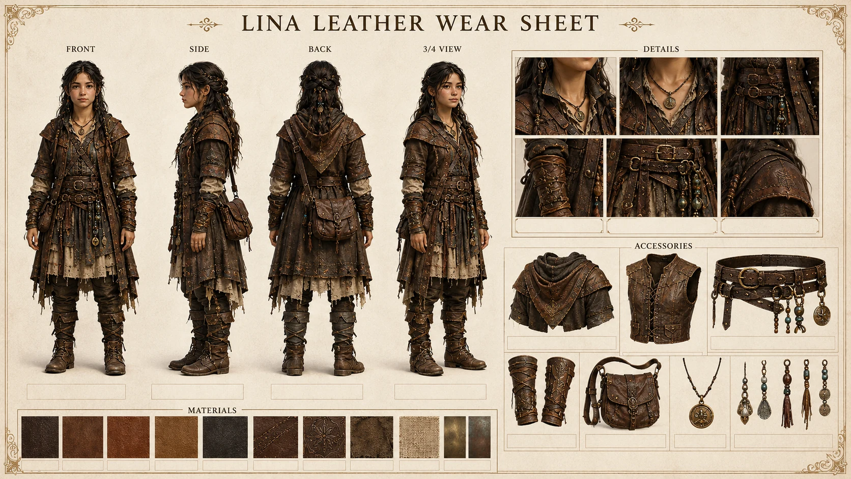 Lina leather wear sheet showing worn leather clothing, belt, bag, boots, and close-up details.