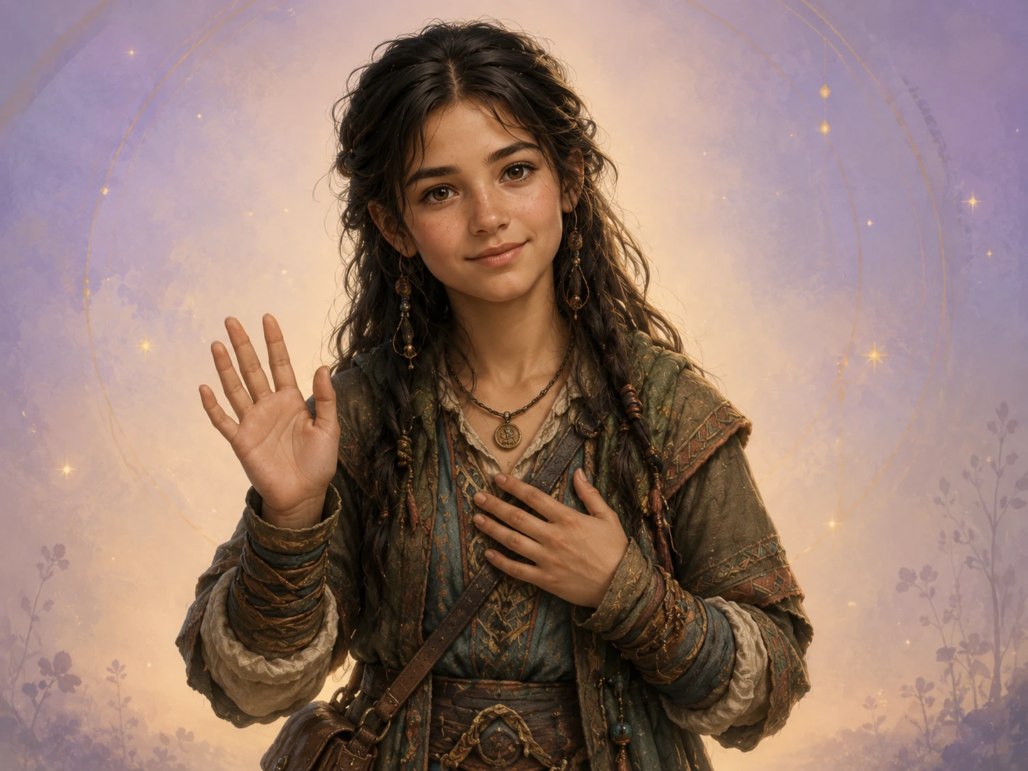 Lina smiles softly and raises one hand in greeting.