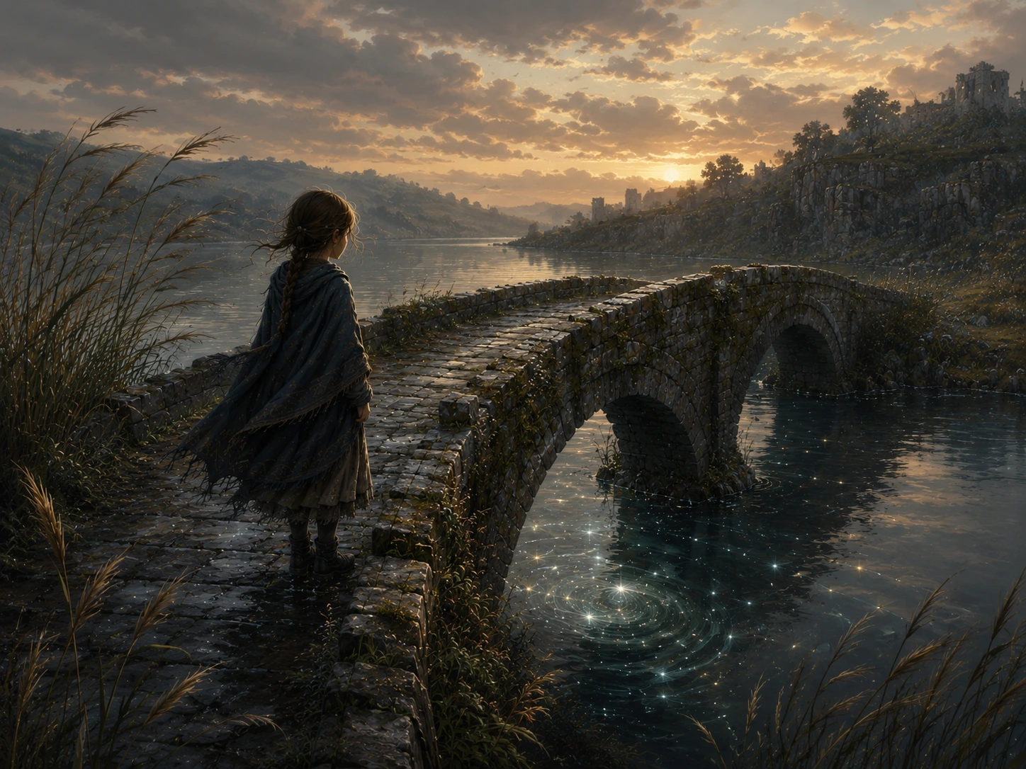 Lina stands on an old stone bridge above dark water while soft bridge-light glows in the river below.