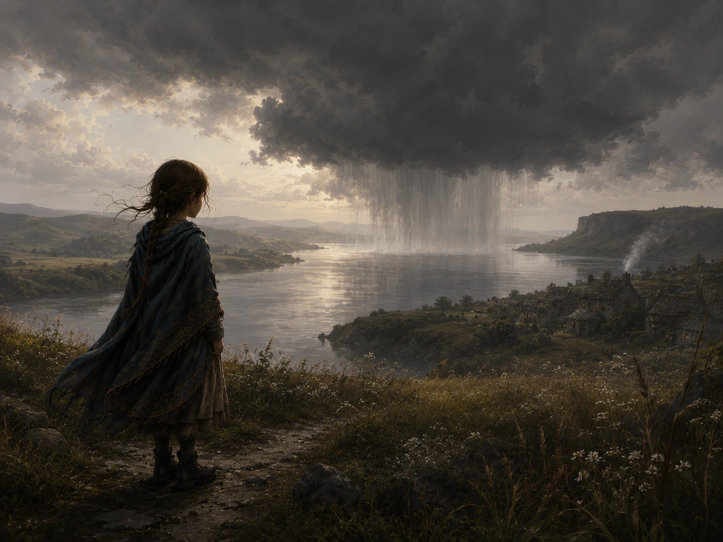 Lina stands near a wide river valley while a heavy dark cloud releases soft rain beneath the sky.