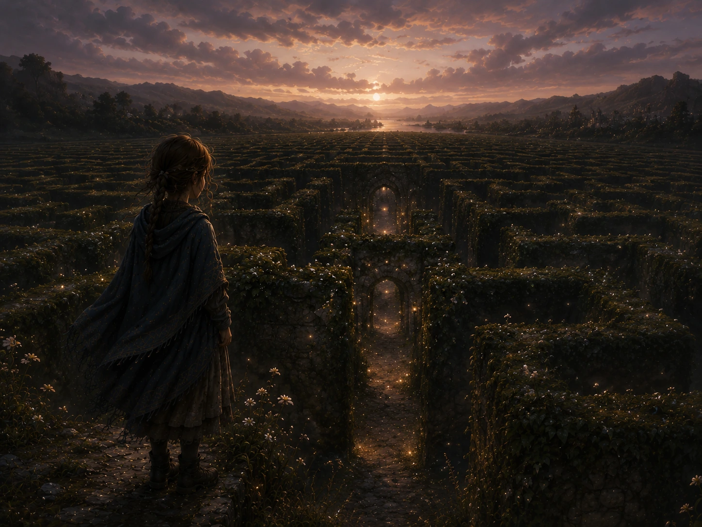 Lina stands before a living maze of stone walls, vines, and warm glowing paths at sunset.