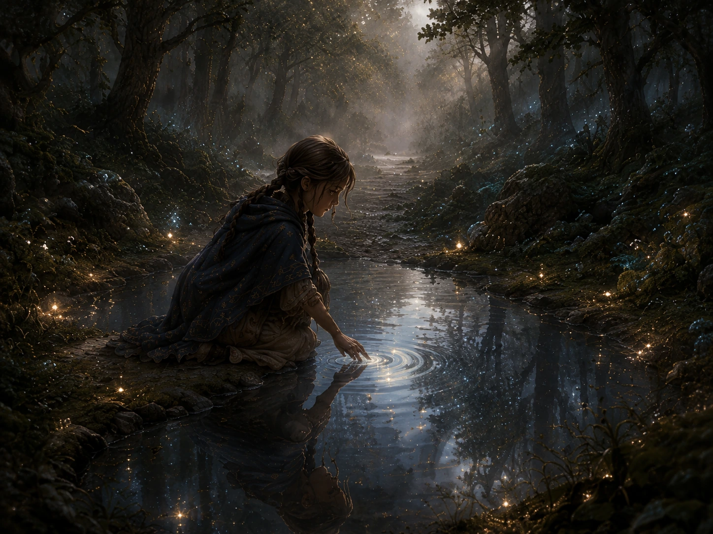 Lina kneels beside a still mirror pool in a shadowed forest while soft light ripples across the water.