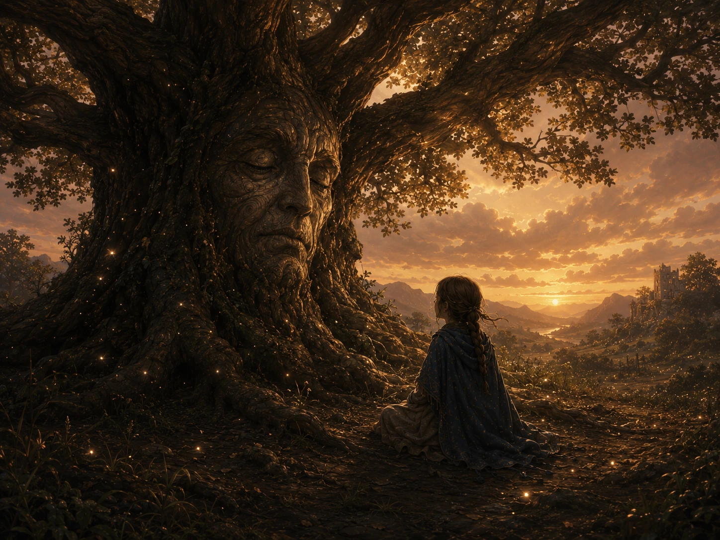 Lina sits beside a vast sleeping tree whose old face rests in the bark under golden evening light.