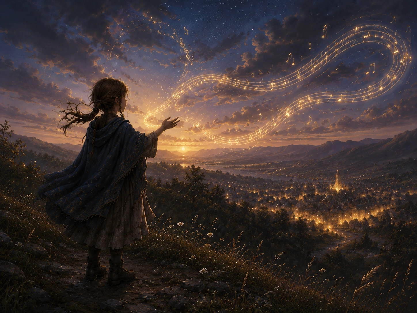 Lina reaches toward a golden path-song glowing across the twilight sky above the valley.