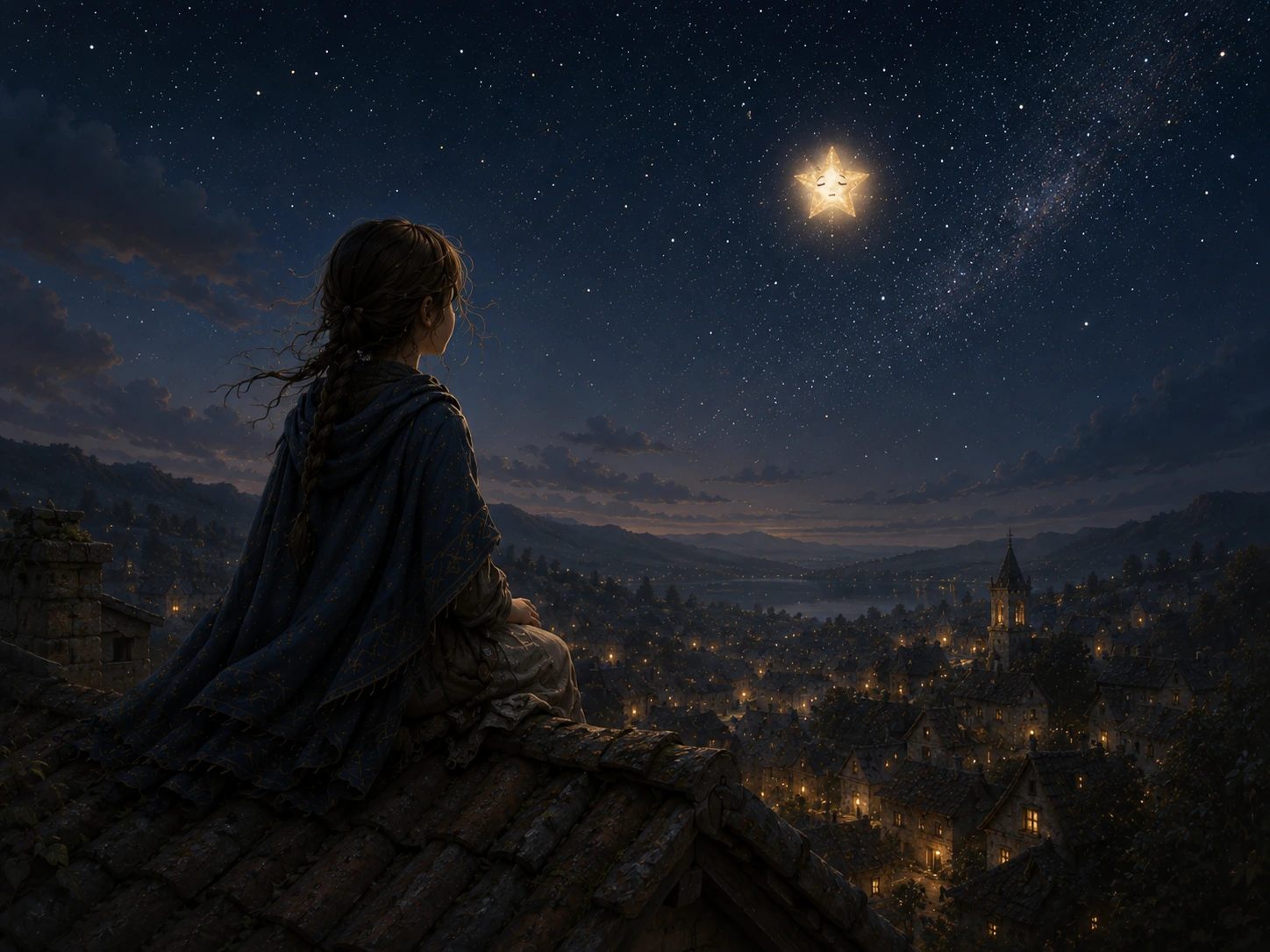 Lina sits above a sleeping village and looks up at a small star glowing in the night sky.