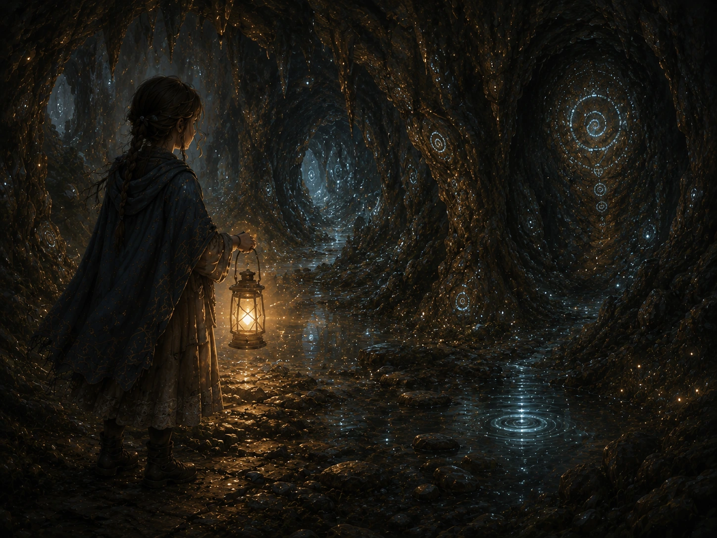 Lina stands inside a whispering cave with a lantern while blue-gold marks glow on the stone walls.